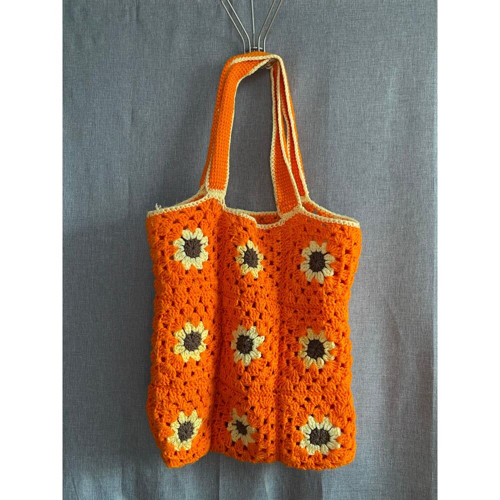 Vintage Large Handmade Crochet Sunflower Tote Bag Granny Square Boho Cottagecore